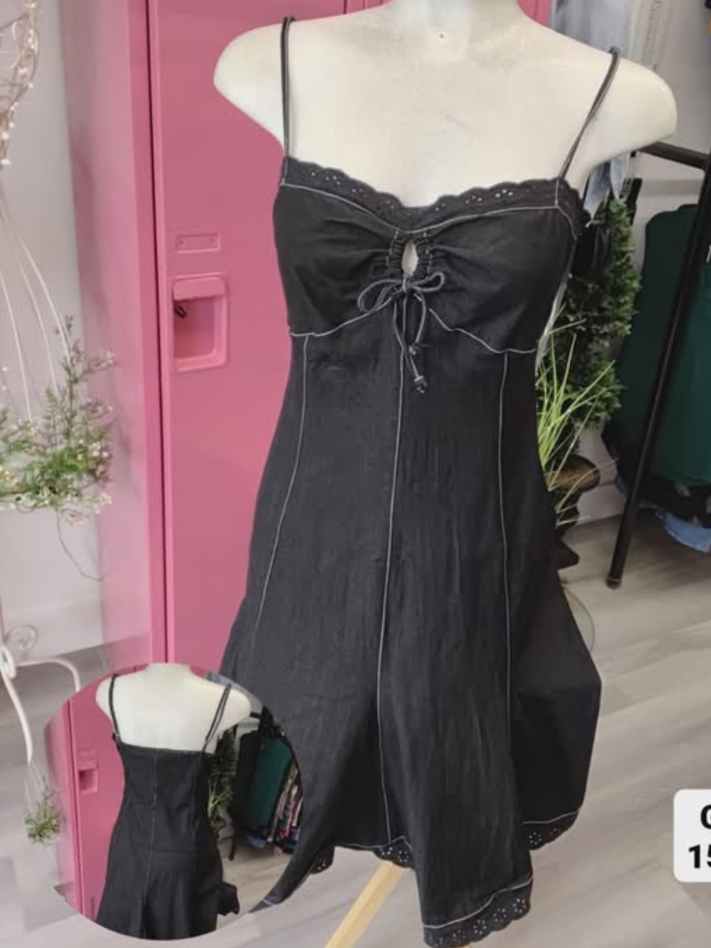 Vintage Nathalie B Denim Spaghetti-Strap Midi Dress with Eyelet Trim 8
